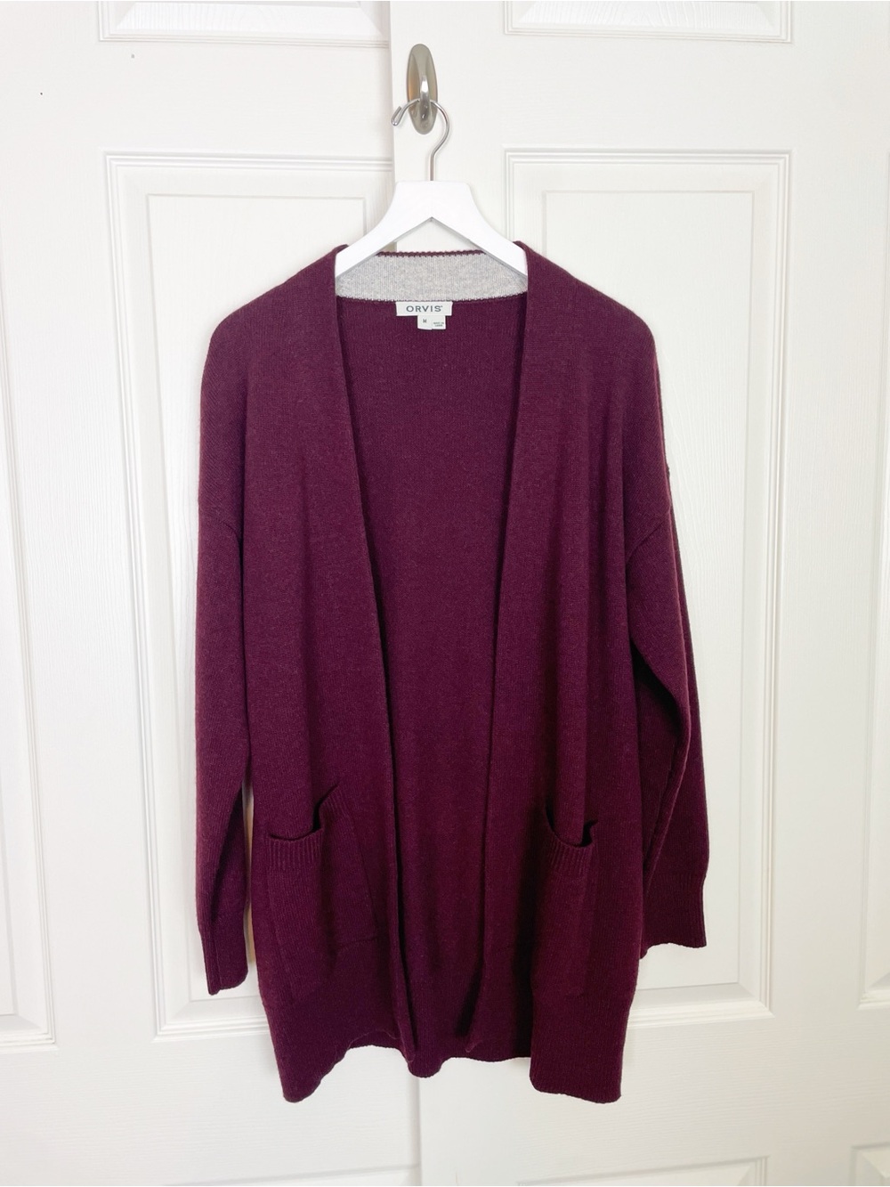 ORVIS Burgundy 100% Cashmere Open Front Cardigan Sweater Mid Length Sz M